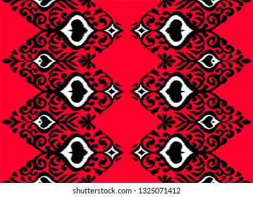 Ikat geometric folklore ornament. Oriental vector damask pattern. Ancient art of Arabesque. Tribal ethnic texture. Spanish motif on the carpet.  Aztec style.  Indian rug. Gypsy, Mexican  embroidery.