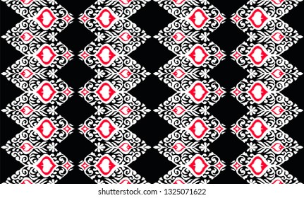 Ikat geometric folklore ornament. Oriental vector damask pattern. Ancient art of Arabesque. Tribal ethnic texture. Spanish motif on the carpet.  Aztec style.  Indian rug. Gypsy, Mexican  embroidery.