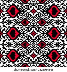Ikat geometric folklore ornament. Oriental vector damask pattern. Ancient art of Arabesque. Tribal ethnic texture. Spanish motif on the carpet.  Aztec style.  Indian rug. Gypsy, Mexican  embroidery.