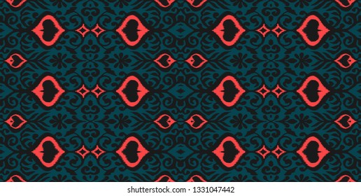 Ikat geometric folklore ornament. Oriental vector damask pattern. Ancient art of Arabesque. Tribal ethnic texture. Spanish motif on the carpet.  Aztec style.  Indian rug. Gypsy, Mexican  embroidery.