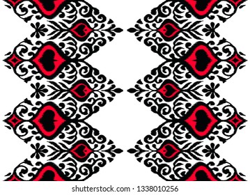 Ikat geometric folklore ornament. Oriental vector damask pattern. Ancient art of Arabesque. Tribal ethnic texture. Spanish motif on the carpet.  Aztec style.  Indian rug. Gypsy, Mexican  embroidery.