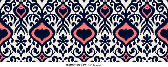 Ikat geometric folklore ornament. Oriental vector damask pattern. Ancient art of Arabesque. Tribal ethnic texture. Spanish motif on the carpet.  Aztec style.  Indian rug. Gypsy, Mexican  embroidery.