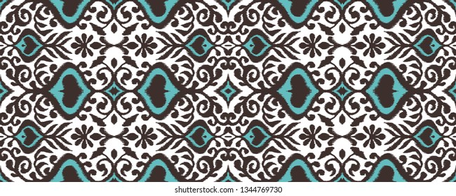 Ikat geometric folklore ornament. Oriental vector damask pattern. Ancient art of Arabesque. Tribal ethnic texture. Spanish motif on the carpet.  Aztec style.  Indian rug. Gypsy, Mexican  embroidery.