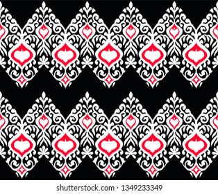 Ikat geometric folklore ornament. Oriental vector damask pattern. Ancient art of Arabesque. Tribal ethnic texture. Spanish motif on the carpet.  Aztec style.  Indian rug. Gypsy, Mexican  embroidery.