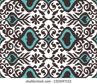 Ikat geometric folklore ornament. Oriental vector damask pattern. Ancient art of Arabesque. Tribal ethnic texture. Spanish motif on the carpet.  Aztec style.  Indian rug. Gypsy, Mexican  embroidery.