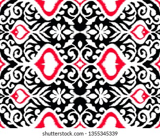 Ikat geometric folklore ornament. Oriental vector damask pattern. Ancient art of Arabesque. Tribal ethnic texture. Spanish motif on the carpet.  Aztec style.  Indian rug. Gypsy, Mexican  embroidery.