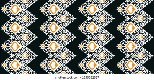 Ikat geometric folklore ornament. Oriental vector damask pattern. Ancient art of Arabesque. Tribal ethnic texture. Spanish motif on the carpet.  Aztec style.  Indian rug. Gypsy, Mexican  embroidery.