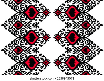 Ikat geometric folklore ornament. Oriental vector damask pattern. Ancient art of Arabesque. Tribal ethnic texture. Spanish motif on the carpet.  Aztec style.  Indian rug. Gypsy, Mexican  embroidery.
