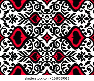 Ikat geometric folklore ornament. Oriental vector damask pattern. Ancient art of Arabesque. Tribal ethnic texture. Spanish motif on the carpet.  Aztec style.  Indian rug. Gypsy, Mexican  embroidery.