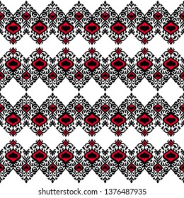 Ikat geometric folklore ornament. Oriental vector damask pattern. Ancient art of Arabesque. Tribal ethnic texture. Spanish motif on the carpet.  Aztec style.  Indian rug. Gypsy, Mexican  embroidery.