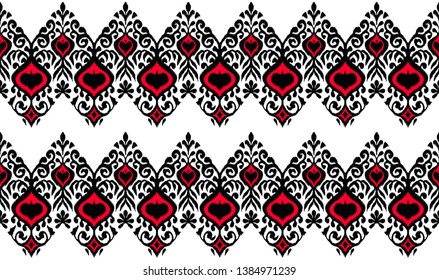 Ikat geometric folklore ornament. Oriental vector damask pattern. Ancient art of Arabesque. Tribal ethnic texture. Spanish motif on the carpet.  Aztec style.  Indian rug. Gypsy, Mexican  embroidery.