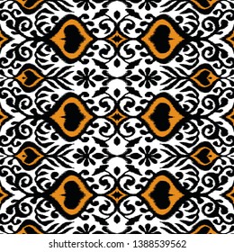 Ikat geometric folklore ornament. Oriental vector damask pattern. Ancient art of Arabesque. Tribal ethnic texture. Spanish motif on the carpet.  Aztec style.  Indian rug. Gypsy, Mexican  embroidery.
