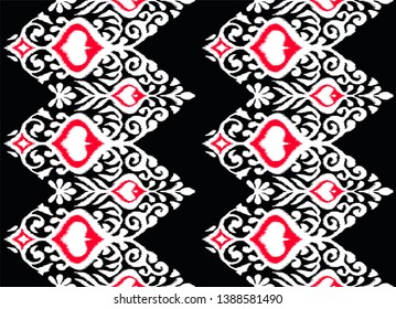 Ikat geometric folklore ornament. Oriental vector damask pattern. Ancient art of Arabesque. Tribal ethnic texture. Spanish motif on the carpet.  Aztec style.  Indian rug. Gypsy, Mexican  embroidery.