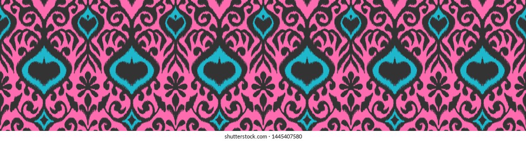 Ikat geometric folklore ornament. Oriental vector damask pattern. Ancient art of Arabesque. Tribal ethnic texture. Spanish motif on the carpet. Aztec style. Indian rug. Gypsy, Mexican embroidery.