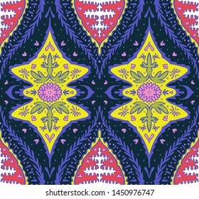 Ikat geometric folklore ornament. Oriental vector damask pattern. Ancient art of Arabesque. Tribal ethnic texture. Spanish motif on the carpet. Aztec style. Indian rug. Gypsy, Mexican embroidery.O