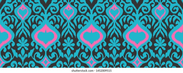 Ikat geometric folklore ornament. Oriental vector damask pattern. Ancient art of Arabesque. Tribal ethnic texture. Spanish motif on the carpet. Aztec style. Indian rug. Gypsy, Mexican embroidery.