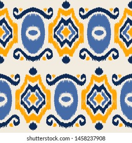 Ikat geometric folklore ornament. Oriental vector damask pattern. Ancient art of Arabesque. Tribal ethnic texture. Spanish motif on the carpet. Aztec style. Indian rug. Gypsy, Mexican embroidery.