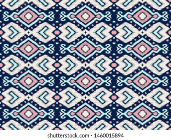 Ikat geometric folklore ornament. Oriental vector damask pattern. Ancient art of Arabesque. Tribal ethnic texture. Spanish motif on the carpet. Aztec style. Indian rug. Gypsy, Mexican embroidery.