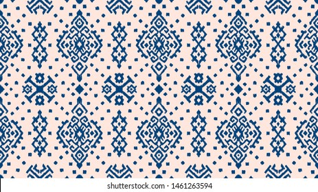 Ikat geometric folklore ornament. Oriental vector damask pattern. Ancient art of Arabesque. Tribal ethnic texture. Spanish motif on the carpet. Aztec style. Indian rug. Gypsy, Mexican embroidery. 