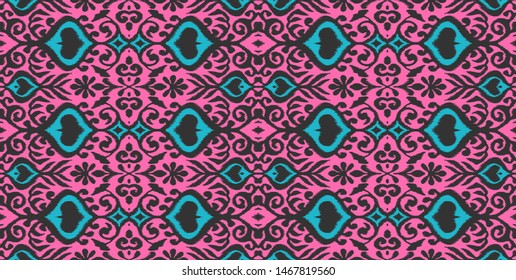 Ikat geometric folklore ornament. Oriental vector damask pattern. Ancient art of Arabesque. Tribal ethnic texture. Spanish motif on the carpet. Aztec style. Indian rug. Gypsy, Mexican embroidery.