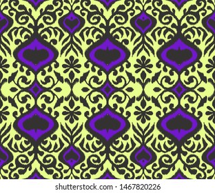 Ikat geometric folklore ornament. Oriental vector damask pattern. Ancient art of Arabesque. Tribal ethnic texture. Spanish motif on the carpet. Aztec style. Indian rug. Gypsy, Mexican embroidery.