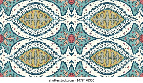 Ikat geometric folklore ornament. Oriental vector damask pattern. Ancient art of Arabesque. Tribal ethnic texture. Spanish motif on the carpet. Aztec style. Indian rug. Gypsy, Mexican embroidery.