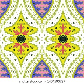 Ikat geometric folklore ornament. Oriental vector damask pattern. Ancient art of Arabesque. Tribal ethnic texture. Spanish motif on the carpet. Aztec style. Indian rug. Gypsy, Mexican embroidery.