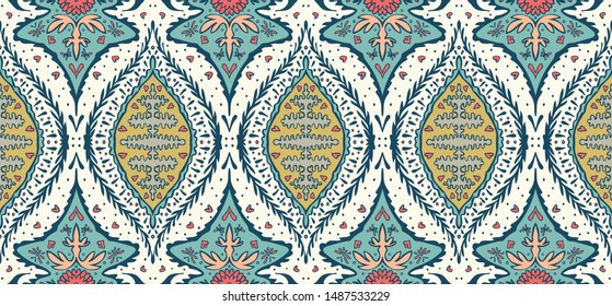 Ikat geometric folklore ornament. Oriental vector damask pattern. Ancient art of Arabesque. Tribal ethnic texture. Spanish motif on the carpet. Aztec style. Indian rug. Gypsy, Mexican embroidery.O
