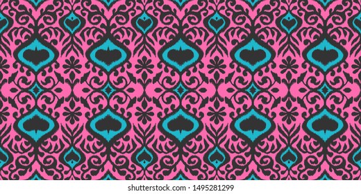 Ikat geometric folklore ornament. Oriental vector damask pattern. Ancient art of Arabesque. Tribal ethnic texture. Spanish motif on the carpet. Aztec style. Indian rug. Gypsy, Mexican embroidery.