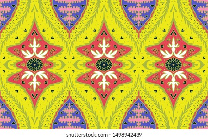 Ikat geometric folklore ornament. Oriental vector damask pattern. Ancient art of Arabesque. Tribal ethnic texture. Spanish motif on the carpet. Aztec style. Indian rug. Gypsy, Mexican embroidery.