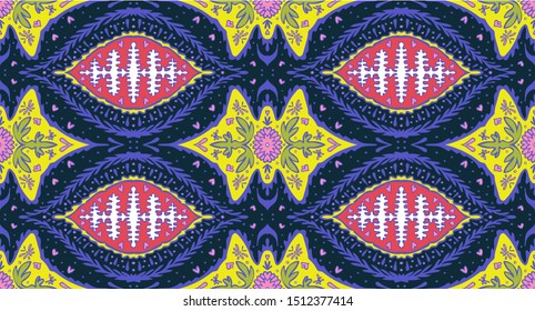 Ikat geometric folklore ornament. Oriental vector damask pattern. Ancient art of Arabesque. Tribal ethnic texture. Spanish motif on the carpet. Aztec style. Indian rug. Gypsy, Mexican embroidery. 