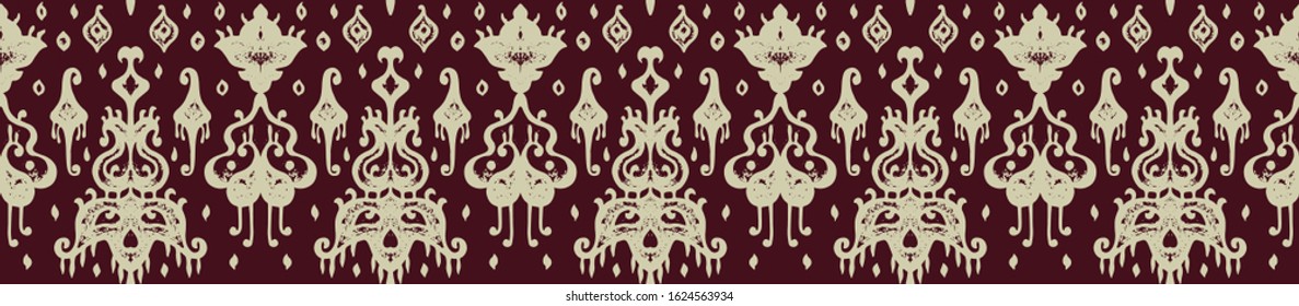Ikat geometric folklore ornament. Oriental vector damask pattern. Ancient art of Arabesque. Tribal ethnic texture. Spanish motif on the carpet. Aztec style. Indian rug. Gypsy, Mexican embroidery.