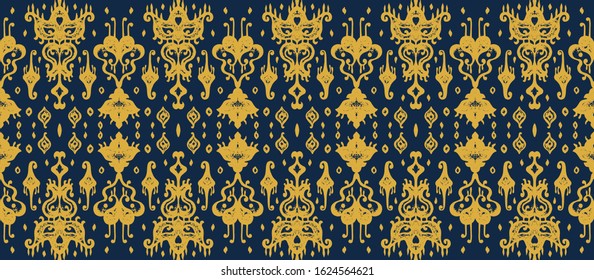 Ikat geometric folklore ornament. Oriental vector damask pattern. Ancient art of Arabesque. Tribal ethnic texture. Spanish motif on the carpet. Aztec style. Indian rug. Gypsy, Mexican embroidery.