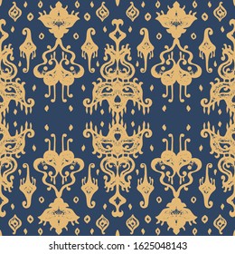 Ikat geometric folklore ornament. Oriental vector damask pattern. Ancient art of Arabesque. Tribal ethnic texture. Spanish motif on the carpet. Aztec style. Indian rug. Gypsy, Mexican embroidery.