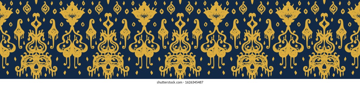 Ikat geometric folklore ornament. Oriental vector damask pattern. Ancient art of Arabesque. Tribal ethnic texture. Spanish motif on the carpet. Aztec style. Indian rug. Gypsy, Mexican embroidery.