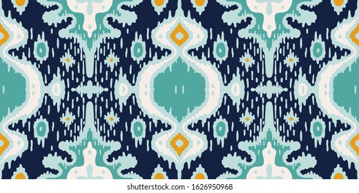 Ikat geometric folklore ornament. Oriental vector damask pattern. Ancient art of Arabesque. Tribal ethnic texture with heart. Spanish  carpet. Aztec style. Indian rug. Gypsy, Mexican embroidery.