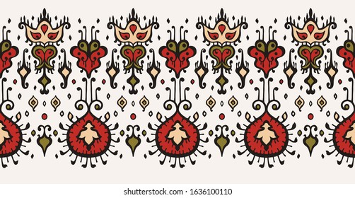 Ikat geometric folklore ornament. Oriental vector damask pattern. Ancient art of Arabesque. Tribal ethnic texture. Spanish motif on the carpet. Aztec style. Indian rug. Gypsy, Mexican embroidery.