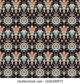 Ikat geometric folklore ornament. Oriental vector damask pattern. Ancient art of Arabesque. Tribal ethnic texture. Spanish motif on the carpet. Aztec style. Indian rug. Gypsy, Mexican embroidery.
