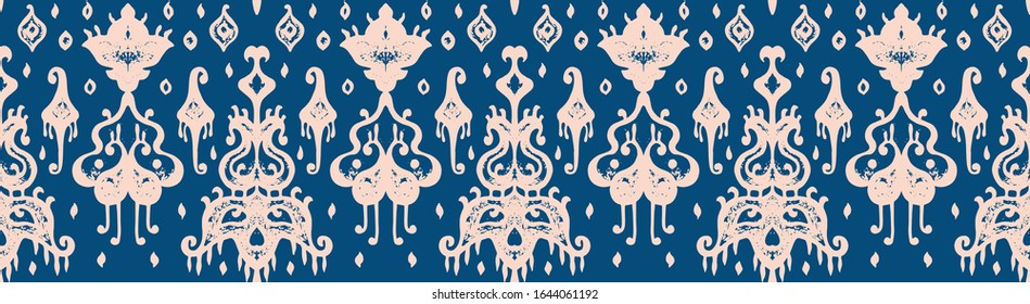 Ikat geometric folklore ornament. Oriental vector damask pattern. Ancient art of Arabesque. Tribal ethnic texture. Spanish motif on the carpet. Aztec style. Indian rug. Gypsy, Mexican embroidery.