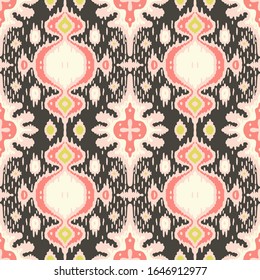 Ikat geometric folklore ornament. Oriental vector damask pattern. Ancient art of Arabesque. Tribal ethnic texture with heart. Spanish  carpet. Aztec style. Indian rug. Gypsy, Mexican embroidery.