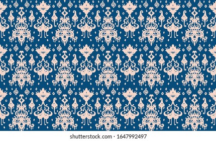 Ikat geometric folklore ornament. Oriental vector damask pattern. Ancient art of Arabesque. Tribal ethnic texture. Spanish motif on the carpet. Aztec style. Indian rug. Gypsy, Mexican embroidery.