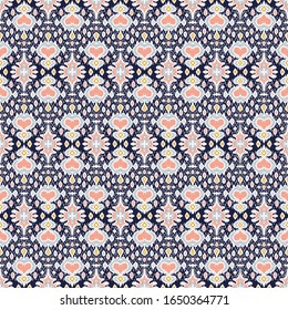 Ikat geometric folklore ornament. Oriental vector damask pattern. Ancient art of Arabesque. Tribal ethnic texture with heart. Spanish  carpet. Aztec style. Indian rug. Gypsy, Mexican embroidery.