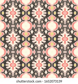 Ikat geometric folklore ornament. Oriental vector damask pattern. Ancient art of Arabesque. Tribal ethnic texture with heart. Spanish  carpet. Aztec style. Indian rug. Gypsy, Mexican embroidery.