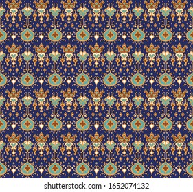 Ikat geometric folklore ornament. Oriental vector damask pattern. Ancient art of Arabesque. Tribal ethnic texture. Spanish motif on the carpet. Aztec style. Indian rug. Gypsy, Mexican embroidery.