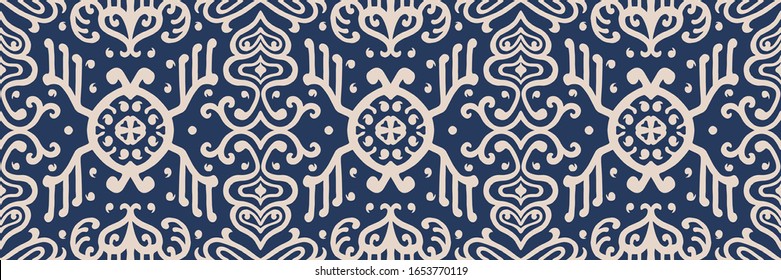 Ikat geometric folklore ornament. Oriental vector damask pattern. Ancient art of Arabesque. Tribal ethnic texture. Spanish motif on the carpet. Aztec style. Indian rug. Gypsy, Mexican embroidery.