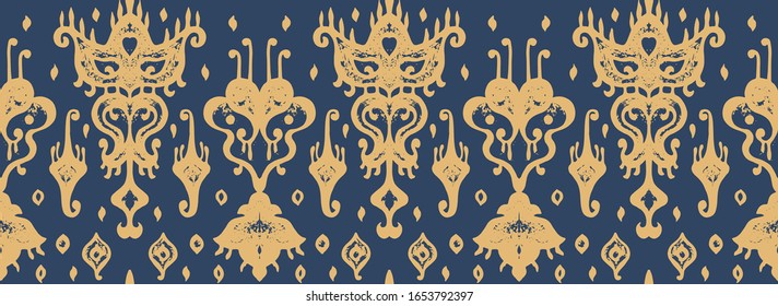 Ikat geometric folklore ornament. Oriental vector damask pattern. Ancient art of Arabesque. Tribal ethnic texture. Spanish motif on the carpet. Aztec style. Indian rug. Gypsy, Mexican embroidery.