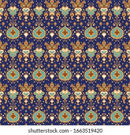 Ikat geometric folklore ornament. Oriental vector damask pattern. Ancient art of Arabesque. Tribal ethnic texture. Spanish motif on the carpet. Aztec style. Indian rug. Gypsy, Mexican embroidery.