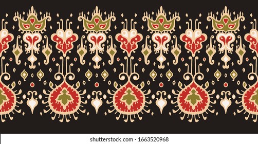 Ikat geometric folklore ornament. Oriental vector damask pattern. Ancient art of Arabesque. Tribal ethnic texture. Spanish motif on the carpet. Aztec style. Indian rug. Gypsy, Mexican embroidery.