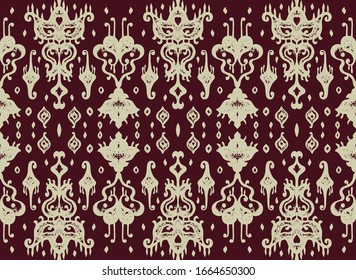 Ikat geometric folklore ornament. Oriental vector damask pattern. Ancient art of Arabesque. Tribal ethnic texture. Spanish motif on the carpet. Aztec style. Indian rug. Gypsy, Mexican embroidery.