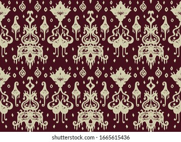 Ikat geometric folklore ornament. Oriental vector damask pattern. Ancient art of Arabesque. Tribal ethnic texture. Spanish motif on the carpet. Aztec style. Indian rug. Gypsy, Mexican embroidery.